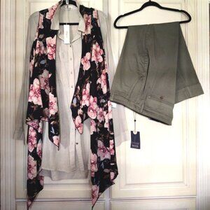 NYDJ Olive Trousers, Kut from Kloth Khaki Tunic, Floral Vest, 3 Piece, Sz XL-2X